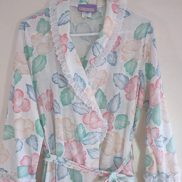 Vintage Beth Michaels Floral Seersucker & Lace Robe Cottage Garden  Medium NWOT - Picture 3 of 14